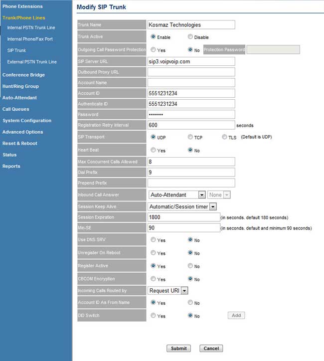 Grandstream GXE5028 sip trunk configuration